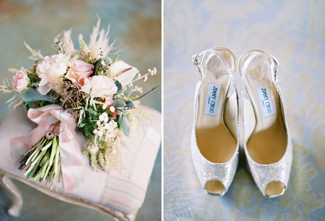 Туфли невесты с открытым носом и букет